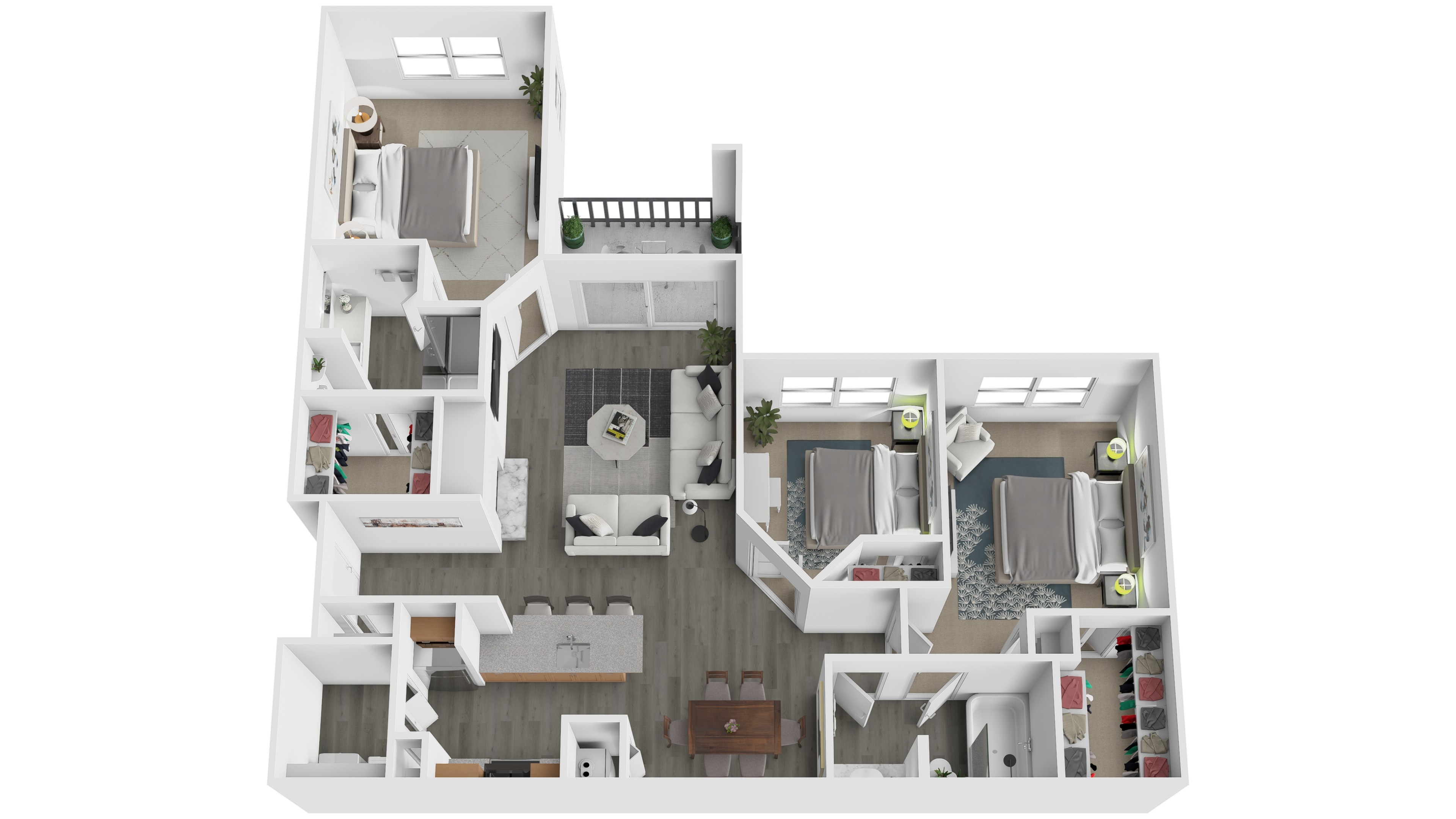 A white floor plan of a house with a kitchen, living room, and bedrooms.
